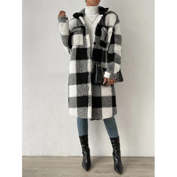 Autumn and winter lapel plush plaid coat loose long coat