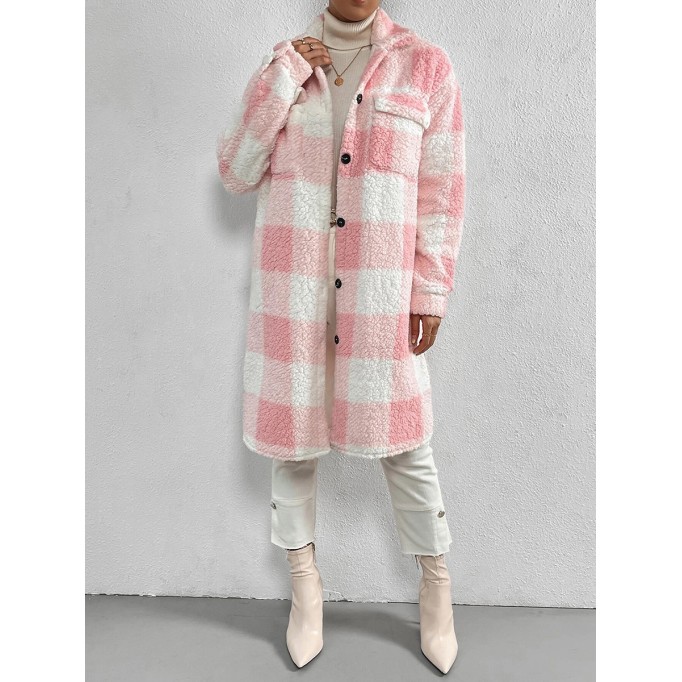 Autumn and winter lapel plush plaid coat loose long coat