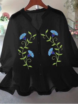 Black women's loose cotton linen embroidered shirt