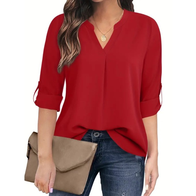 Burgundy V-neck simple all-in-one blouse for women
