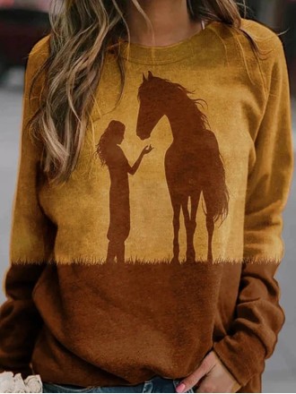 Casual Character Camel Print Paneled Color-block T-shirt