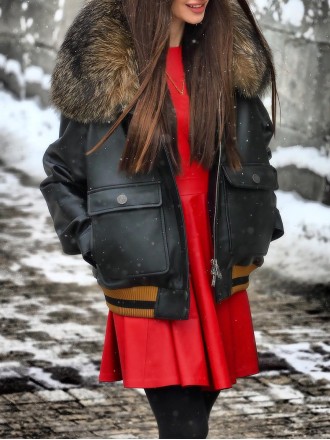 Casual fur collar patchwork leather coat