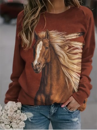 Casual horse print long sleeve sweatshirt