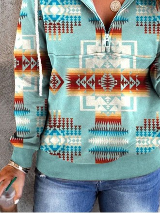 Casual retro printed drawstring long sleeve sweatshirt