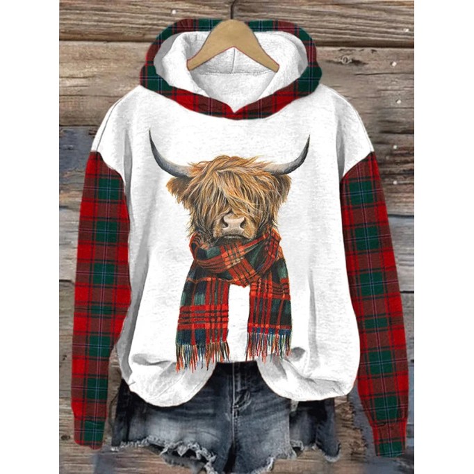 Highland Cow Plaid Print Hooded Sweatshirt