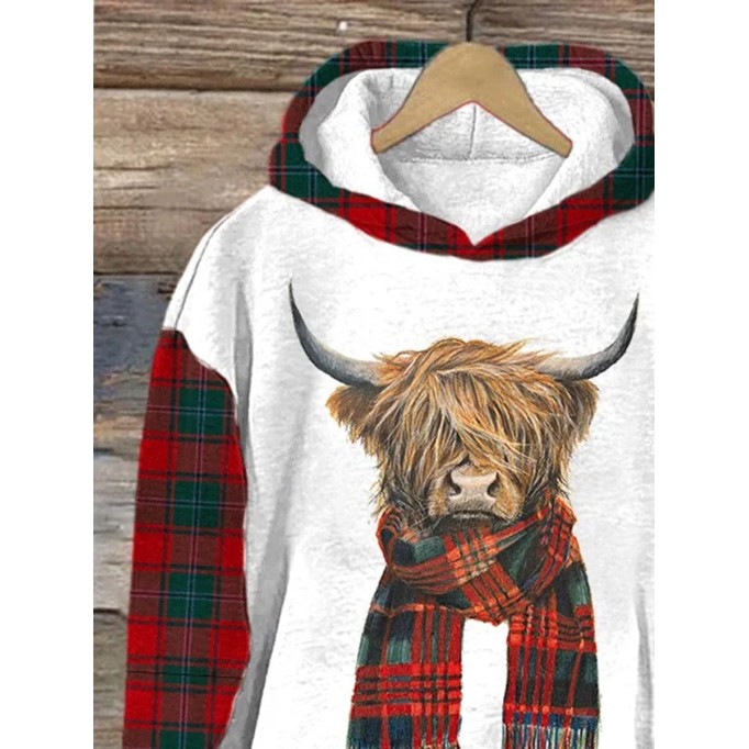 Highland Cow Plaid Print Hooded Sweatshirt