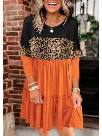 Leopard Color-Blocked Ruffled Splicing Mini Dress