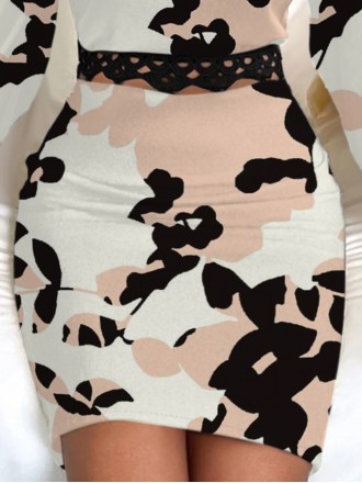 One-line shoulder lace patchwork print waist dress