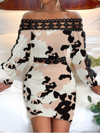 One-line shoulder lace patchwork print waist dress