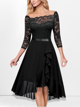 One-piece neckline  mid-sleeve lace and chiffon dress