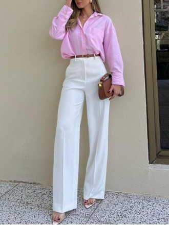 Simple elegant loose shirt + solid color pants 2-piece set
