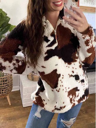 Stylish zipper plush cow print sweatshirt